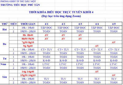 Thời khóa biểu dạy Trực tuyến trên ứng dụng Zoom Lớp 4