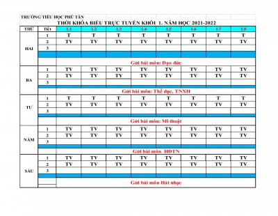 THỜI KHÓA BIỂU HỌC TRỰC TUYẾN LỚP 1