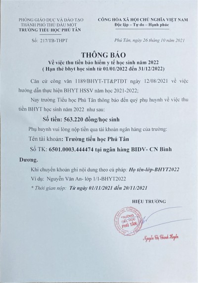 THÔNG BÁO VỀ VIỆC ĐÓNG BẢO HIỂM Y TẾ HỌC SINH NĂM  2022